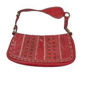 Tommy Bahama Leather Shoulder Bag Clutch Coral Red Studded Zip Open Pockets 13x6